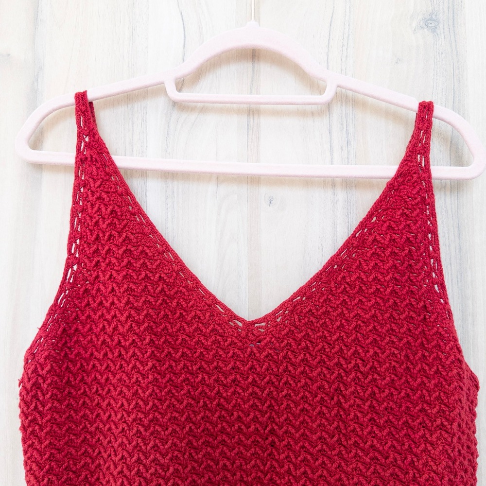 Jones New York Womens Crochet Crop Tank Top Size L Red Hand Knit Boho Festival - Picture 2 of 6